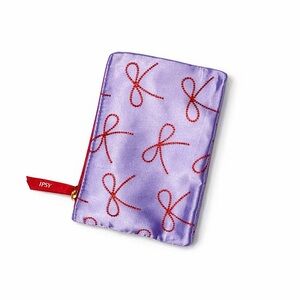 Ipsy Purple Satin Makeup Bag Red Bow Print Zipper Cosmetic Pouch Small Travel